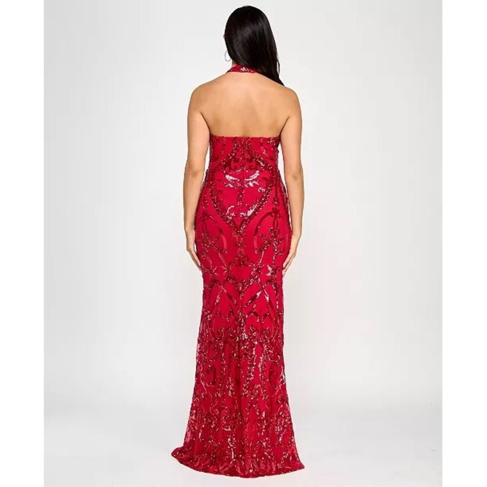 B. Darlin Red Sequin Halter Neck Formal Gown Damask Mermaid Maxi Dress Prom Gala - Picture 2 of 13